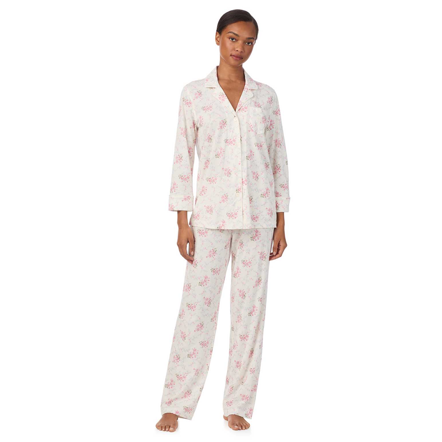 Lauren Ralph Lauren Cotton Knit 3/4 Sleeve Notch Collar Pajama Set